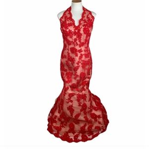 Jovani Y2K Red Lace Illusion Backless Halter Gown